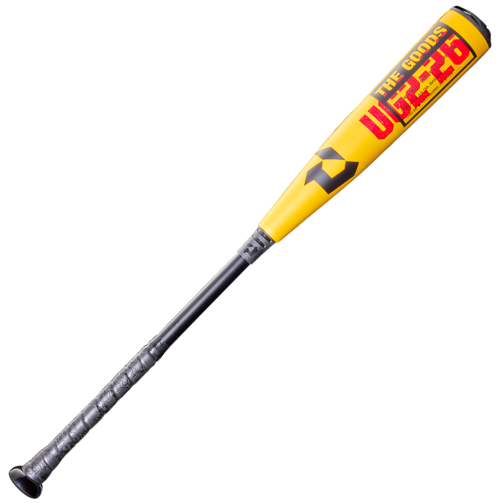 The 2026 DeMarini The Goods (-10) 2 5/8" USA Baseball Bat (WBD2601010) features a yellow and black design, durable X14 Alloy Barrel, bold “THE GODDS UPZ36” print, and a textured grip for superior control and power.