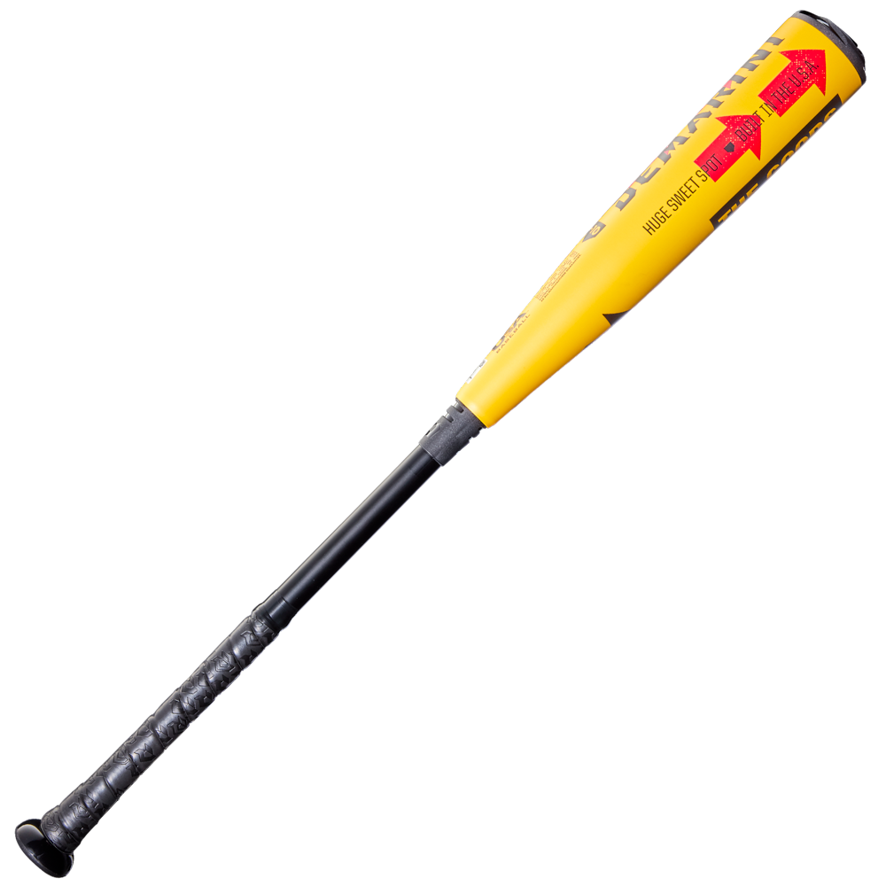 A yellow and black DeMarini 2026 The Goods (-10) 2 5/8" USA Baseball Bat (WBD2601010) with a black grip, red arrows, and text on its X14 Alloy Barrel is shown on a white background.