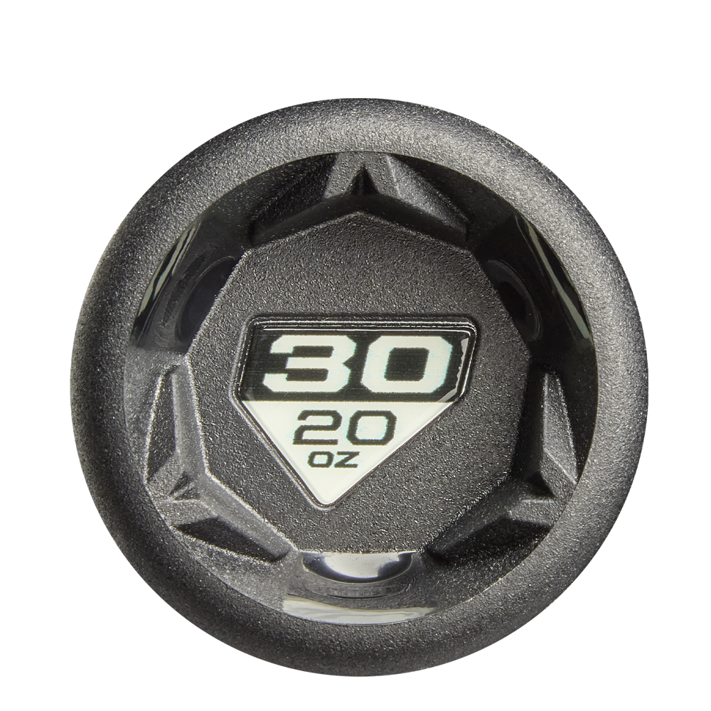 A black round dumbbell end cap labeled 30 and 20 oz in white, echoing the precise weight markings on a DeMarini The Goods (-10) 2 5/8" USA Baseball Bat (WBD2601010), photographed against a plain white background.