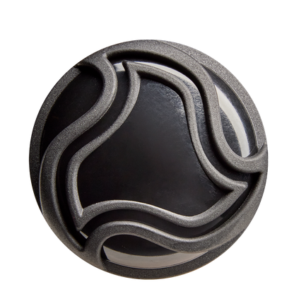 A round black object with raised, wavy lines in an abstract pattern—echoing the precision of the DeMarini The Goods (-10) 2 5/8" USA Baseball Bat: WBD2601010—viewed from above on a light background.