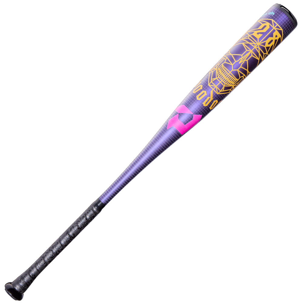 The 2026 DeMarini Voodoo One (-5) 2 5/8" USA Baseball Bat (WBD2603010) features a black and purple design with yellow geometric patterns, pink accents, a textured black grip, and is crafted from durable X14 Alloy.