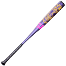 The 2026 DeMarini Voodoo One (-5) 2 5/8" USA Baseball Bat (WBD2603010) features a black and purple design with yellow geometric patterns, pink accents, a textured black grip, and is crafted from durable X14 Alloy.