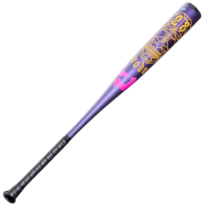 The 2026 DeMarini Voodoo One (-5) 2 5/8" USA Baseball Bat (WBD2603010) features a black and purple design with yellow geometric patterns, pink accents, a textured black grip, and is crafted from durable X14 Alloy.