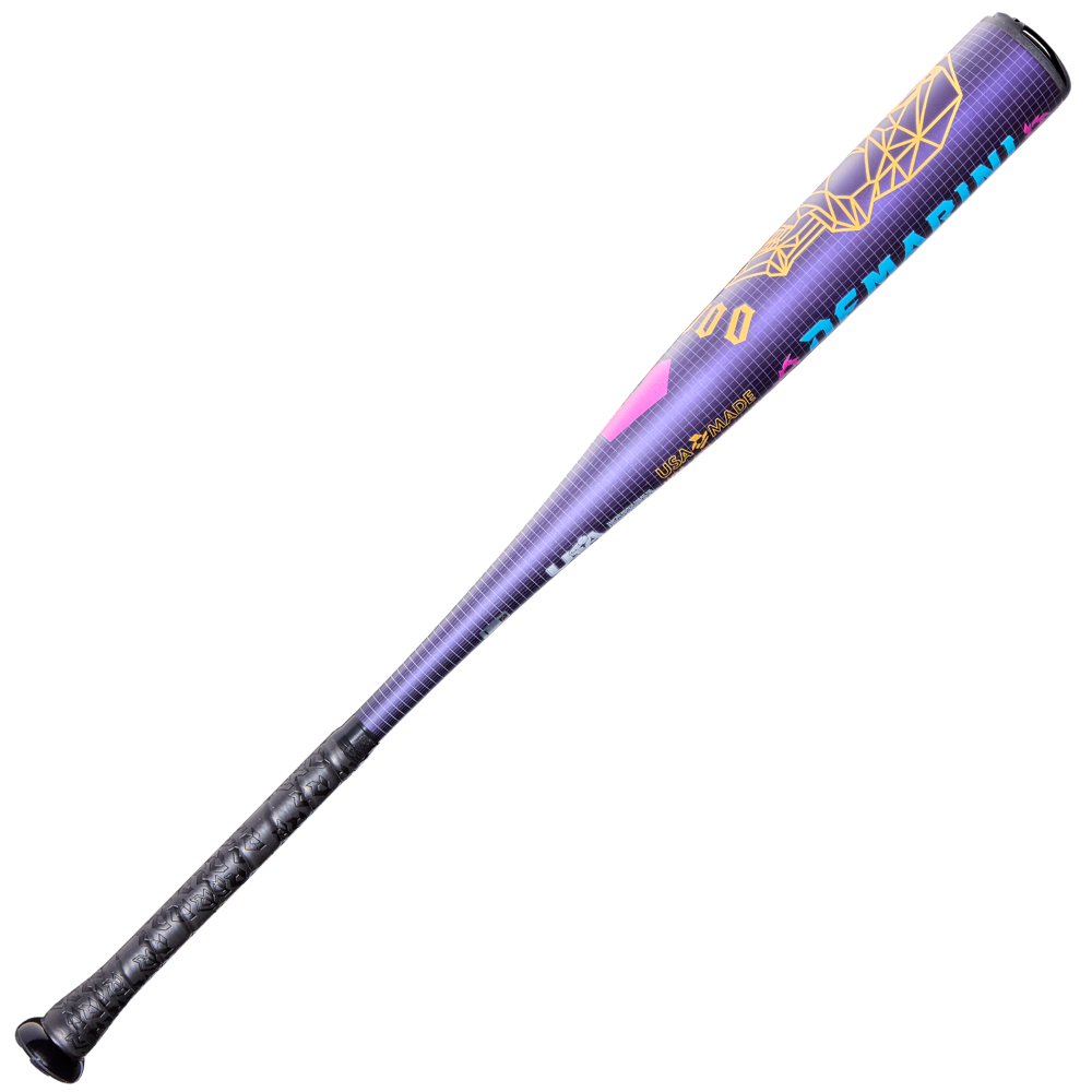 The 2026 DeMarini Voodoo One (-5) USA Baseball Bat (WBD2603010) features a black grip, a vibrant geometric barrel in purple, blue, yellow, and pink, and durable X14 Alloy construction. Brand: DeMarini. Displayed on a white background.