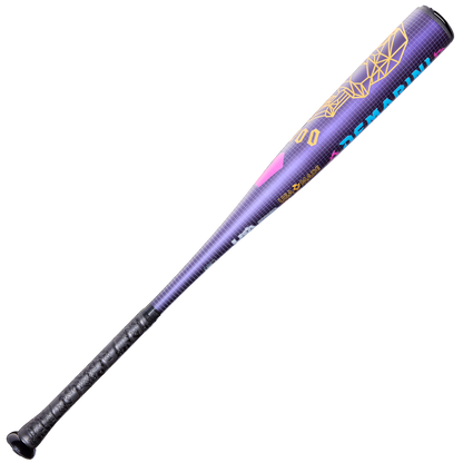 The 2026 DeMarini Voodoo One (-5) USA Baseball Bat (WBD2603010) features a black grip, a vibrant geometric barrel in purple, blue, yellow, and pink, and durable X14 Alloy construction. Brand: DeMarini. Displayed on a white background.