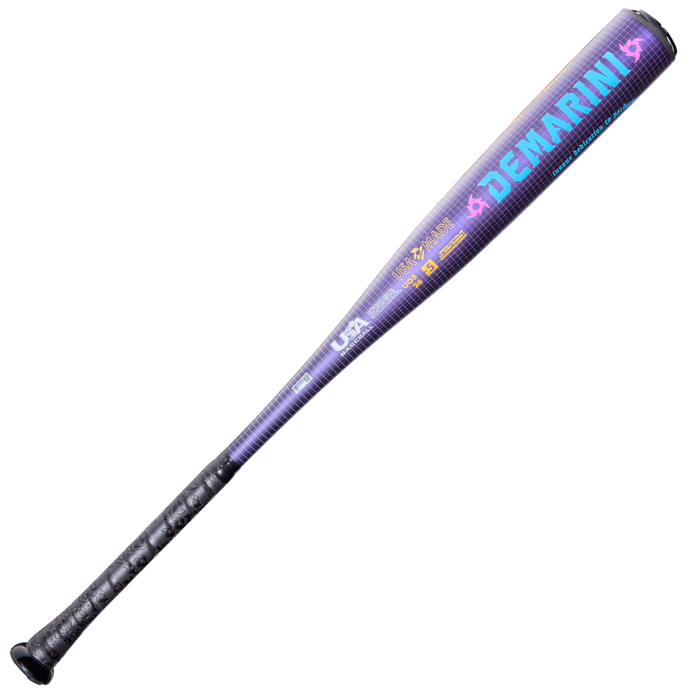 The 2026 DeMarini Voodoo One (-5) USA Baseball Bat (WBD2603010) features a purple and black design, textured black grip, vibrant blue and orange logos, and X14 Alloy text along the barrel.