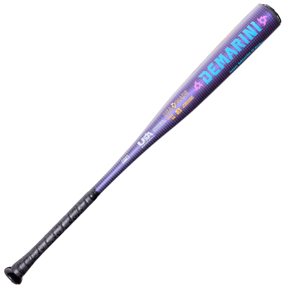 The 2026 DeMarini Voodoo One (-5) USA Baseball Bat (WBD2603010) features a purple and black design, textured black grip, vibrant blue and orange logos, and X14 Alloy text along the barrel.
