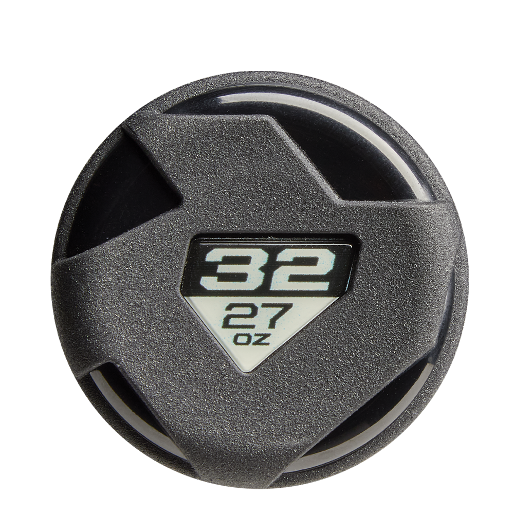 A black plastic cap with a geometric texture features a triangular window showing 32 and 27 oz in white, evoking the precision of the 2026 DeMarini Voodoo One (-5) USA Baseball Bat (WBD2603010) by DeMarini.