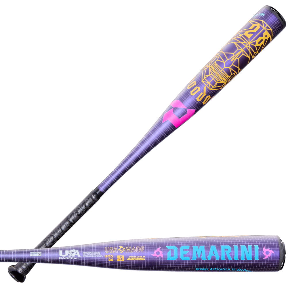 Two purple 2026 DeMarini Voodoo One (-5) 2 5/8" USA Baseball Bats (WBD2603010) display yellow and blue geometric designs, VOODOO text on the barrel, X14 Alloy construction, and bold DeMarini branding along the side.