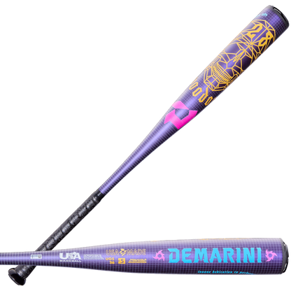 Two purple 2026 DeMarini Voodoo One (-5) 2 5/8" USA Baseball Bats (WBD2603010) display yellow and blue geometric designs, VOODOO text on the barrel, X14 Alloy construction, and bold DeMarini branding along the side.