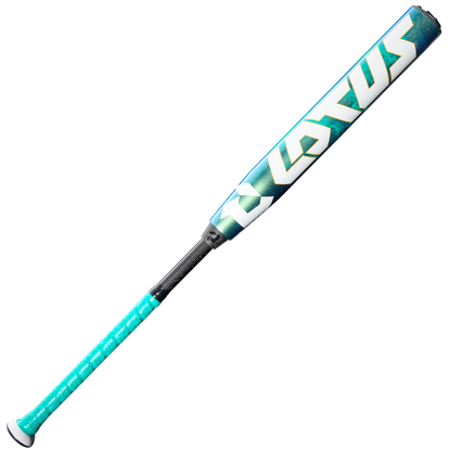 A teal and white DeMarini 2026 Lotus (-11) Fastpitch Softball Bat with a textured grip, bold branding along the barrel, and a gapped wall barrel design, shown against a white background.