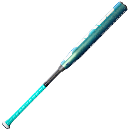 The 2026 DeMarini Lotus (-11) Fastpitch Softball Bat (WBD2605010 DEMO) features a turquoise handle, black grip, and a teal-to-navy blue gradient barrel with white geometric designs, shown on a white background.