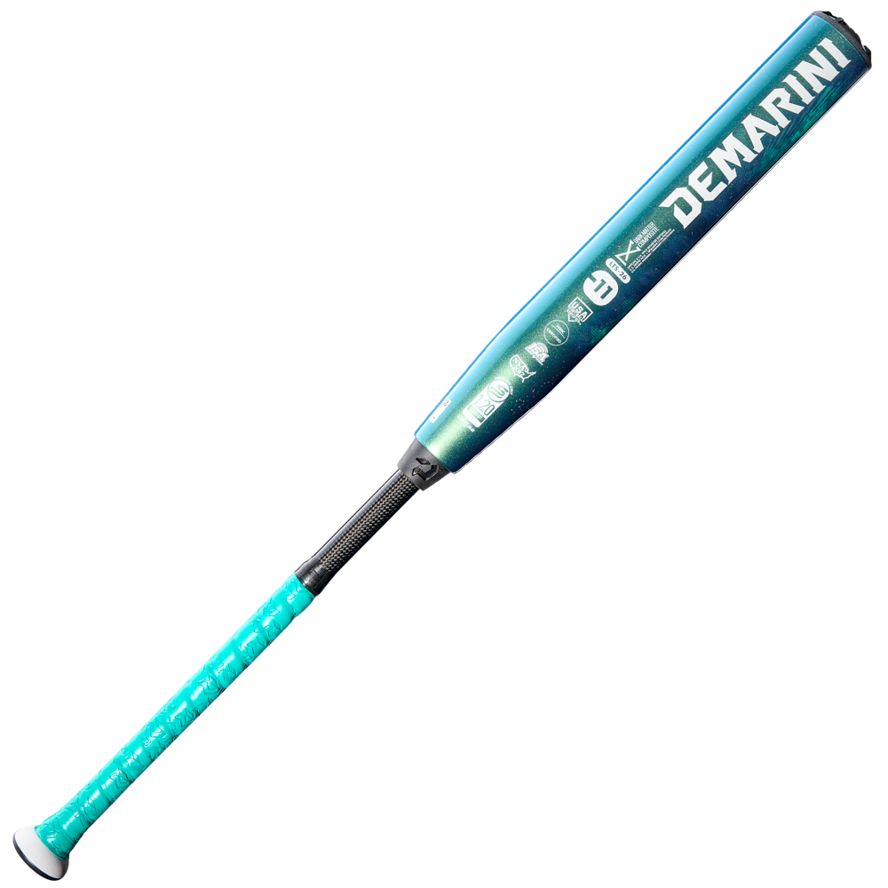 The 2026 DeMarini Lotus (-11) Fastpitch Softball Bat (WBD2605010, DEMO) features a teal and blue design with a black grip, white branding, and a gapped wall barrel, shown on a white background.