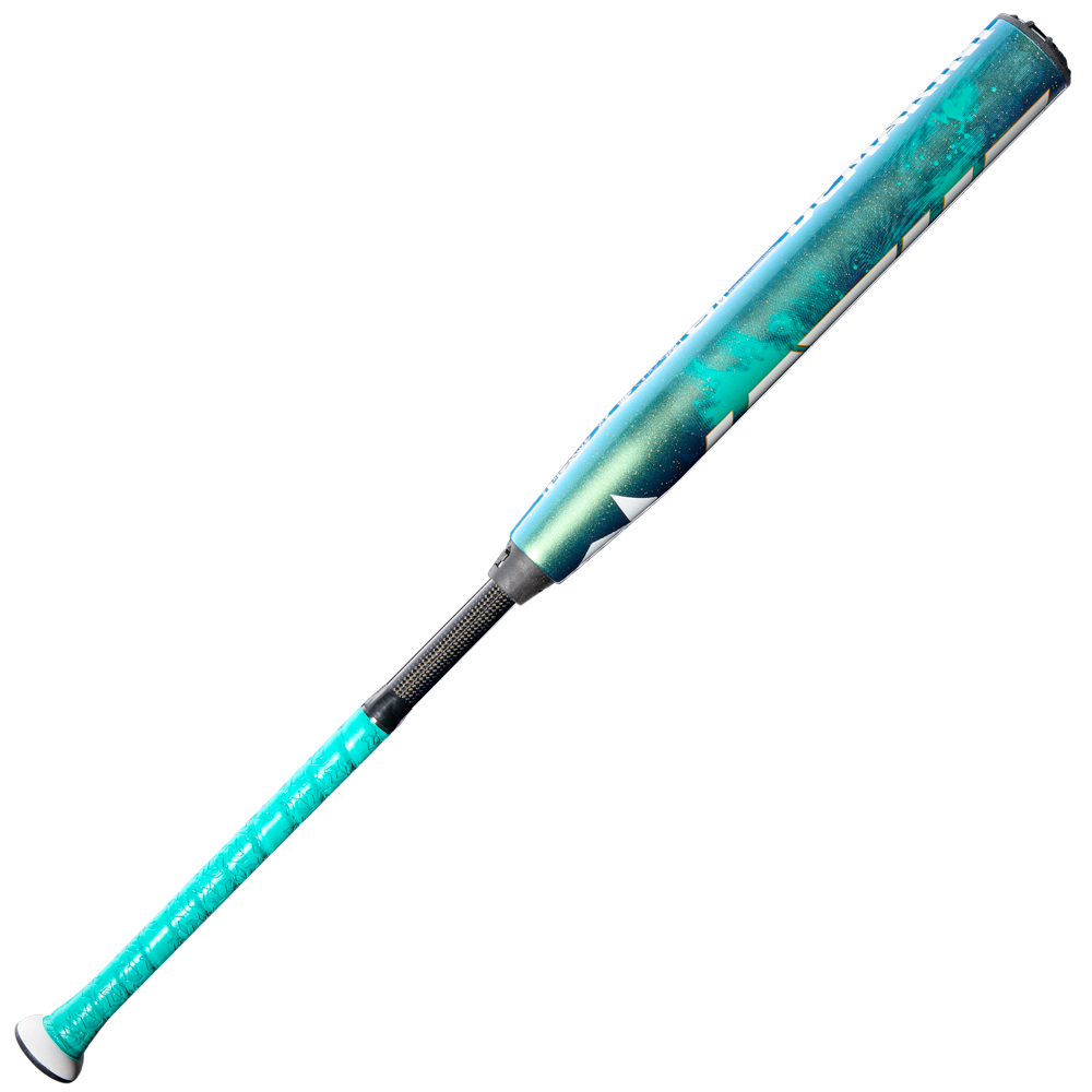 The 2026 DeMarini Lotus (-11) Fastpitch Softball Bat (WBD2605010 DEMO) features a teal and black design, textured grip, and glossy metallic finish, shown on a white background.