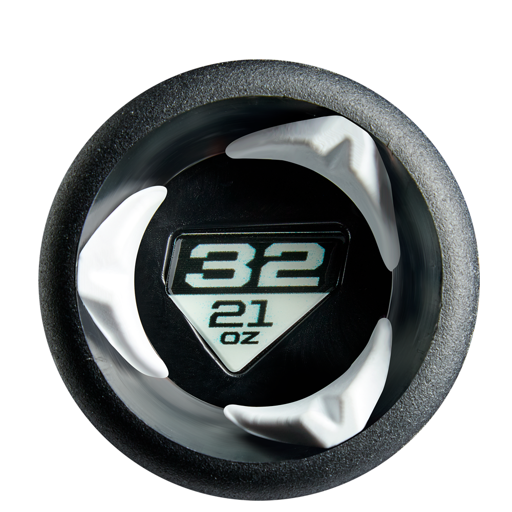 Top view of a black and silver lid featuring "32" and "21 oz" in bold on a black triangle, three white center prongs—resembling the end cap of a DeMarini 2026 Lotus (-11) Fastpitch Softball Bat: WBD2605010 (DEMO).
