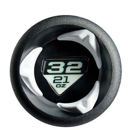 Top view of a black and silver lid featuring "32" and "21 oz" in bold on a black triangle, three white center prongs—resembling the end cap of a DeMarini 2026 Lotus (-11) Fastpitch Softball Bat: WBD2605010 (DEMO).