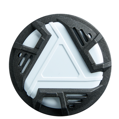 A round black-and-white plastic lens cap featuring a triangular center design and textured grips, inspired by the precision of the DeMarini Lotus (-11) Fastpitch Softball Bat (WBD2605010).