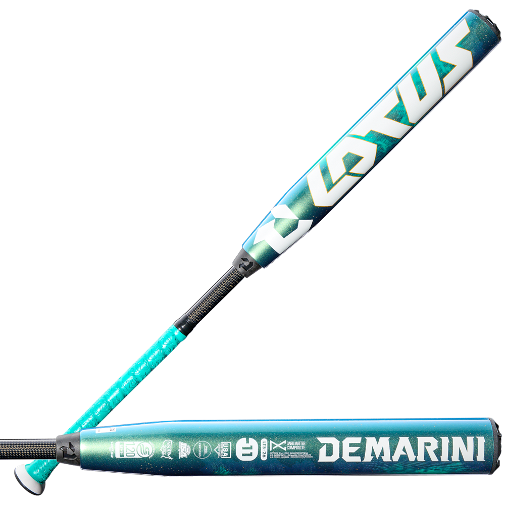 Two teal and white 2026 DeMarini Lotus (-11) Fastpitch Softball Bats (WBD2605010) are shown, featuring black grips, a metallic finish, gapped wall barrel construction, the DeMarini name on one bat, and a geometric white logo on the other.