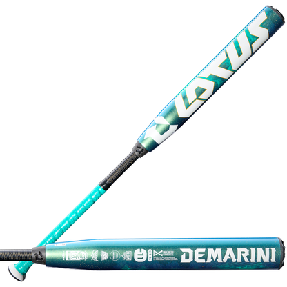 Two teal and white 2026 DeMarini Lotus (-11) Fastpitch Softball Bats (WBD2605010) are shown, featuring black grips, a metallic finish, gapped wall barrel construction, the DeMarini name on one bat, and a geometric white logo on the other.