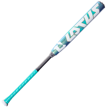 The 2026 DeMarini Lotus (-10) Fastpitch Softball Bat (WBD2606010 DEMO) features a composite barrel, patterned grip, bold geometric lettering, large stylized white letters, and a turquoise-to-blue gradient.