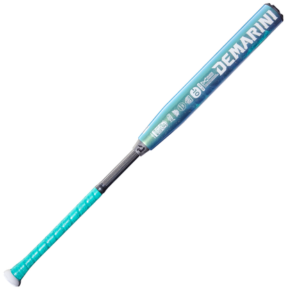 The 2026 DeMarini Lotus (-10) Fastpitch Softball Bat (WBD2606010, DEMO) features a teal and black composite barrel, textured grip, white end cap, and various logos and text along the barrel.
