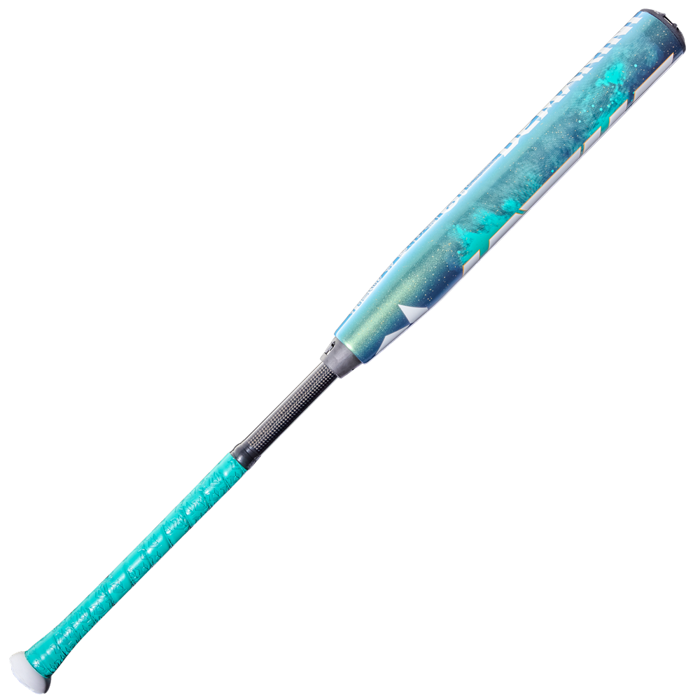 The 2026 DeMarini Lotus (-10) Fastpitch Softball Bat (WBD2606010 DEMO) features a blue and teal composite barrel, black grip handle, and decorative design.