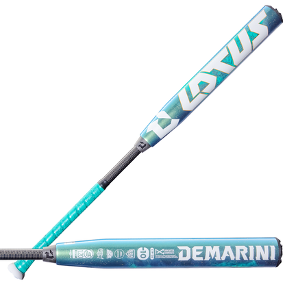 Two turquoise and white 2026 DeMarini Lotus (-10) Fastpitch Softball Bats (WBD2606010) by DeMarini are shown diagonal and horizontal, displaying the composite barrel, branding, graphics, and performance icons against a white background.
