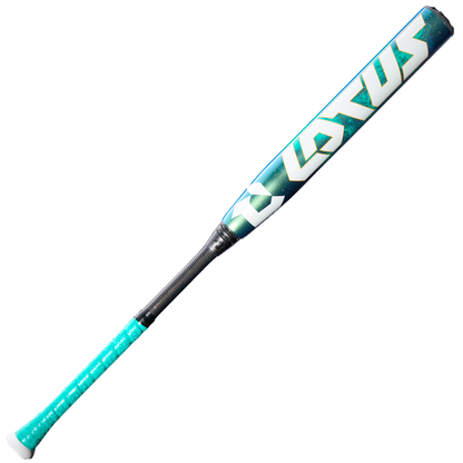 The 2026 DeMarini Lotus (-9) Fastpitch Softball Bat (WBD2607010) features a turquoise and white gapped double wall composite barrel, black handle with turquoise grip tape, and bold white lettering for a balanced swing.