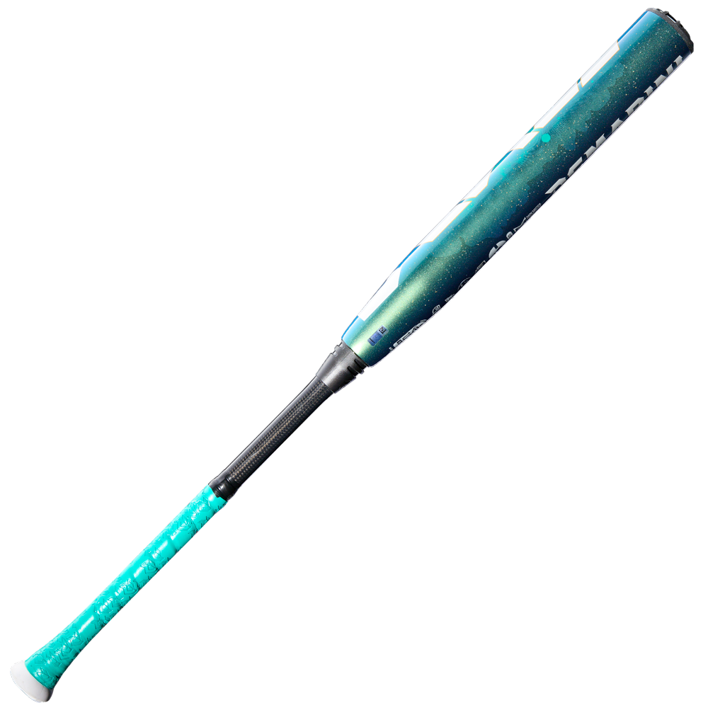 The 2026 DeMarini Lotus (-9) Fastpitch Softball Bat (WBD2607010) features a teal and navy design, patterned grip, balanced swing weight, metallic finish, and gapped double wall composite barrel. Shown on a white background.