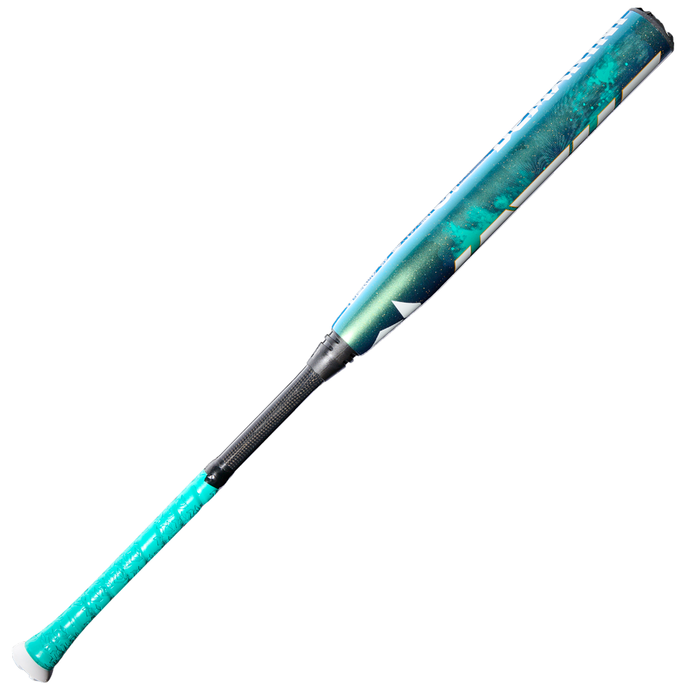 The 2026 DeMarini Lotus (-9) Fastpitch Softball Bat (WBD2607010) features a teal handle, black grip, blue and teal barrel with a geometric design, and balanced swing weight for smooth control.