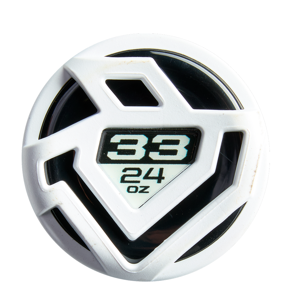 A white sports bottle cap features a geometric design with “33” and “24 oz” on a black-and-white label, inspired by the balanced swing weight of the 2026 DeMarini Lotus (-9) Fastpitch Softball Bat (WBD2607010) by DeMarini.