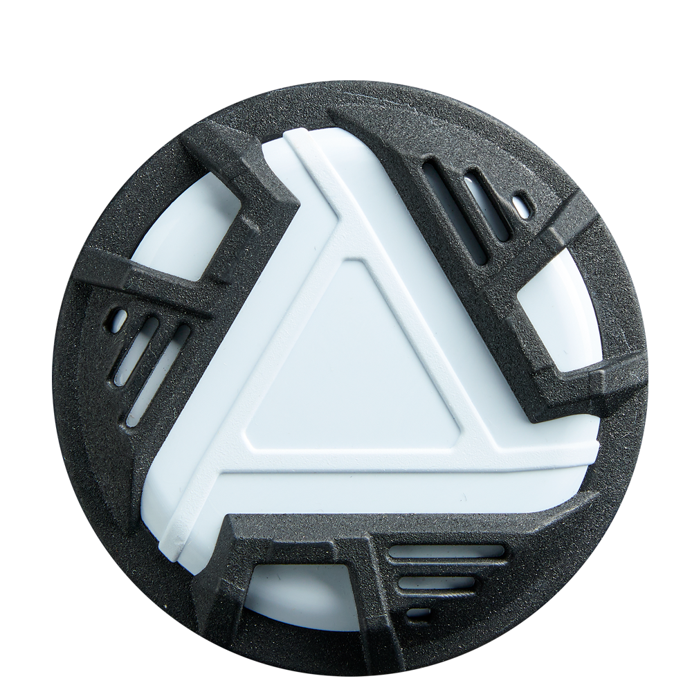 A round black and white plastic object with a raised triangular design and vent-like slits, resembling the swing weight cap of the 2026 DeMarini Lotus (-9) Fastpitch Softball Bat: WBD2607010, is shown on a white background.