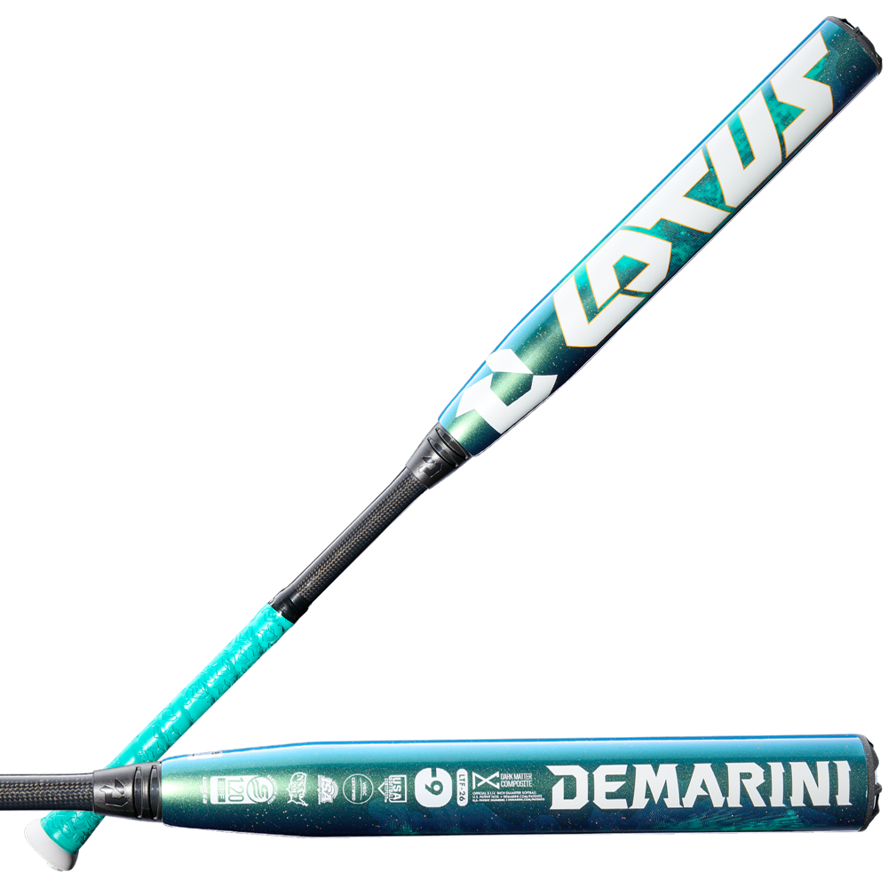 Shown are two views of the 2026 DeMarini Lotus (-9) Fastpitch Softball Bat (WBD2607010), featuring a mostly teal design with white and aqua accents, a gapped double wall composite barrel, and balanced swing weight. DeMARINI and LOTUS logos appear on each side.