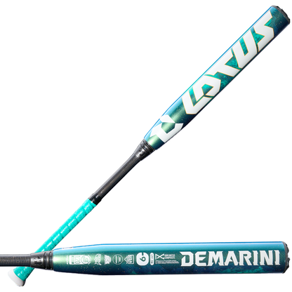 Shown are two views of the 2026 DeMarini Lotus (-9) Fastpitch Softball Bat (WBD2607010), featuring a mostly teal design with white and aqua accents, a gapped double wall composite barrel, and balanced swing weight. DeMARINI and LOTUS logos appear on each side.