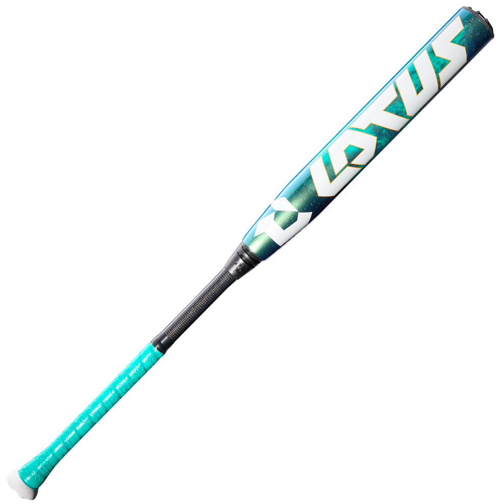 The 2026 DeMarini Lotus (-8) Fastpitch Softball Bat (WBD2608010) features a teal and black design, wrapped teal grip, bold white LOTUS lettering, textured handle, and advanced Gapped Double Wall Barrel technology.