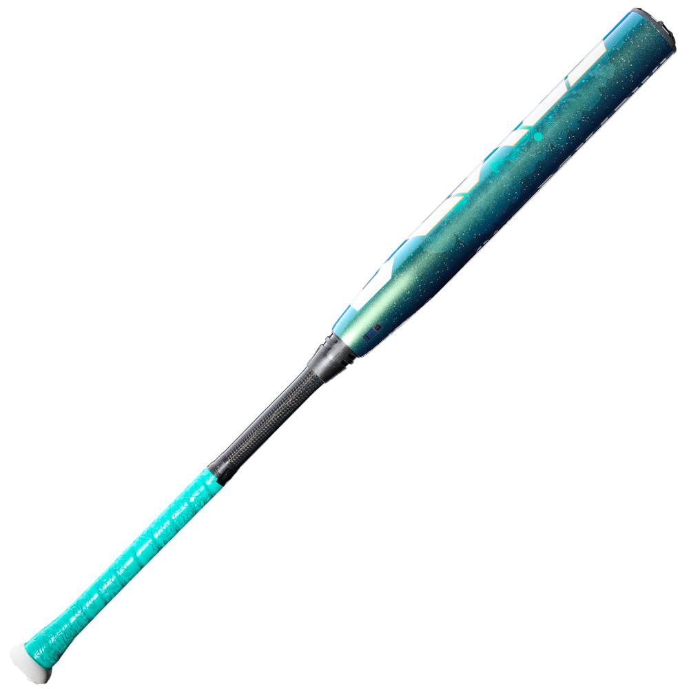 The 2026 DeMarini Lotus (-8) Fastpitch Softball Bat (WBD2608010) features a teal and black gradient design, textured grip, smooth glossy Gapped Double Wall Barrel with geometric patterns, white accents, and is made by DeMarini.