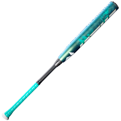 The 2026 DeMarini Lotus (-8) Fastpitch Softball Bat (WBD2608010) features a teal and black design, a textured grip handle, and a shiny Gapped Double Wall Barrel with bold white geometric accents.