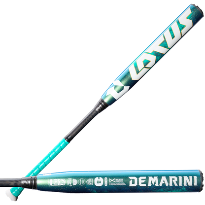 Two teal and white 2026 DeMarini Lotus (-8) Fastpitch Softball Bats (WBD2608010) are shown, featuring Gapped Double Wall Barrel technology, bold DeMarini and LOTUS branding, a black textured grip, and a white handle knob.