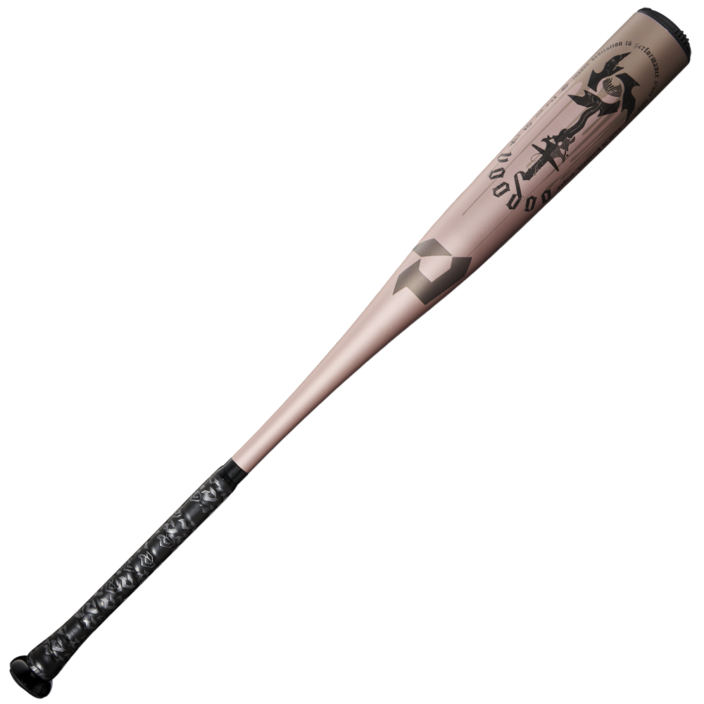 The 2025 DeMarini Voodoo One Rose Gold (-3) BBCOR Baseball Bat features a metallic rose gold finish, black grip, geometric accents, Japanese-style calligraphy on the barrel, a textured handle, and an X14 Alloy Barrel for top performance.