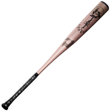 The 2025 DeMarini Voodoo One Rose Gold (-3) BBCOR Baseball Bat features a metallic rose gold finish, black grip, geometric accents, Japanese-style calligraphy on the barrel, a textured handle, and an X14 Alloy Barrel for top performance.