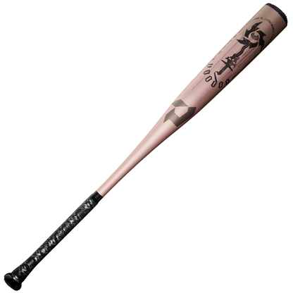 The 2025 DeMarini Voodoo One Rose Gold (-3) BBCOR Baseball Bat features a metallic rose gold finish, black grip, geometric accents, Japanese-style calligraphy on the barrel, a textured handle, and an X14 Alloy Barrel for top performance.