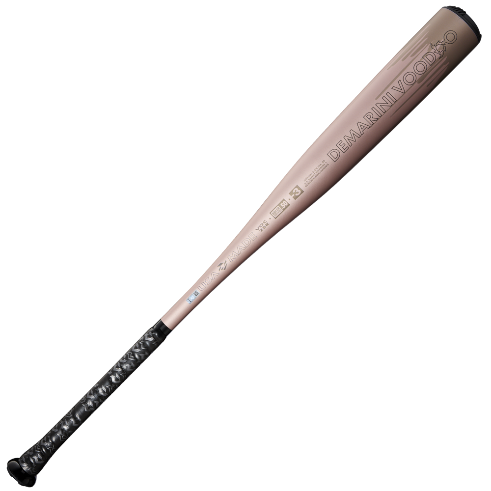 The 2025 DeMarini Voodoo One Rose Gold (-3) BBCOR Baseball Bat (WBD2628010) features a rose gold X14 Alloy Barrel and black textured grip, shown on a plain white background.