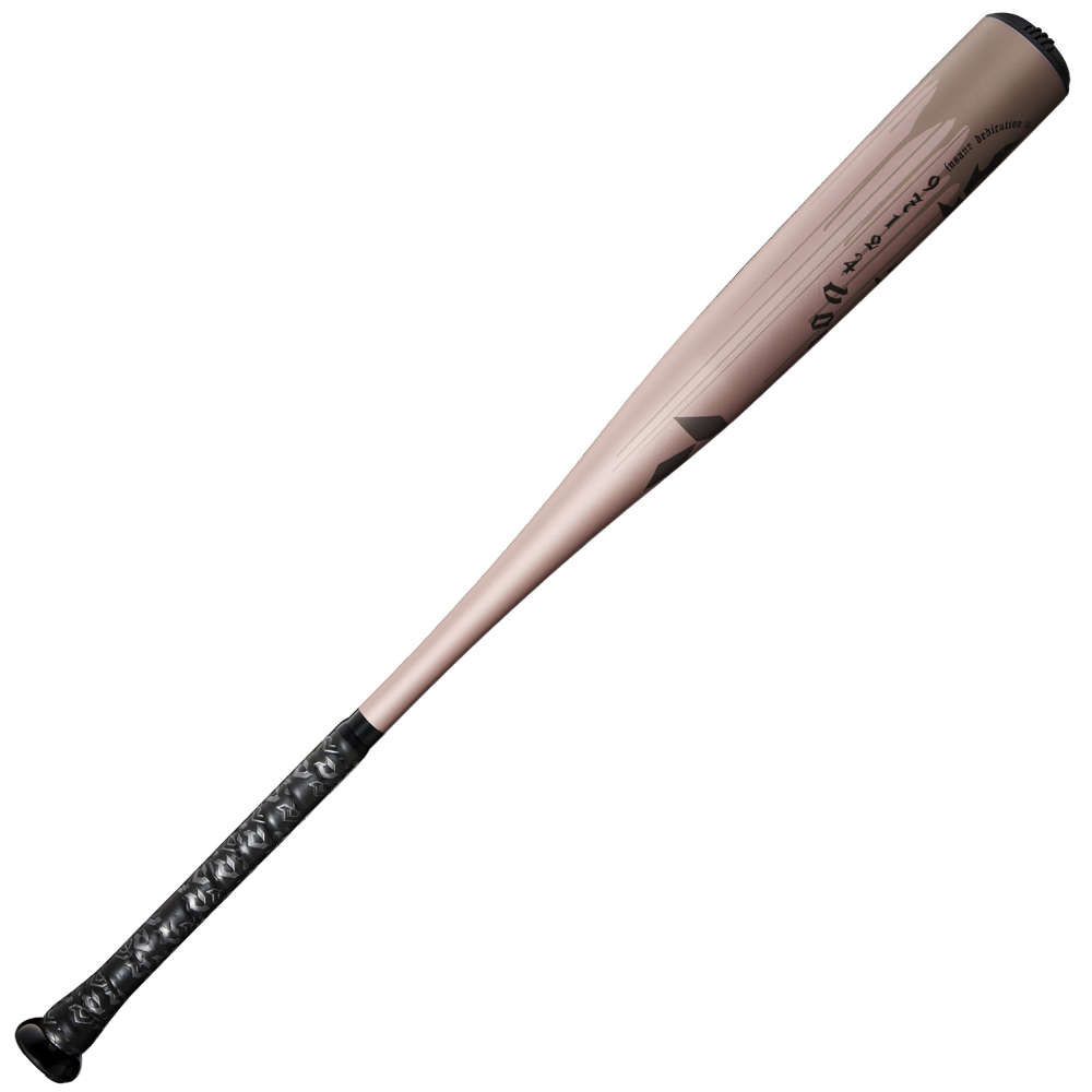 The 2025 DeMarini Voodoo One Rose Gold (-3) BBCOR Baseball Bat: WBD2628010 features a metallic pink barrel, black grip with a textured white pattern, X14 Alloy Barrel, and is displayed on a plain white background.
