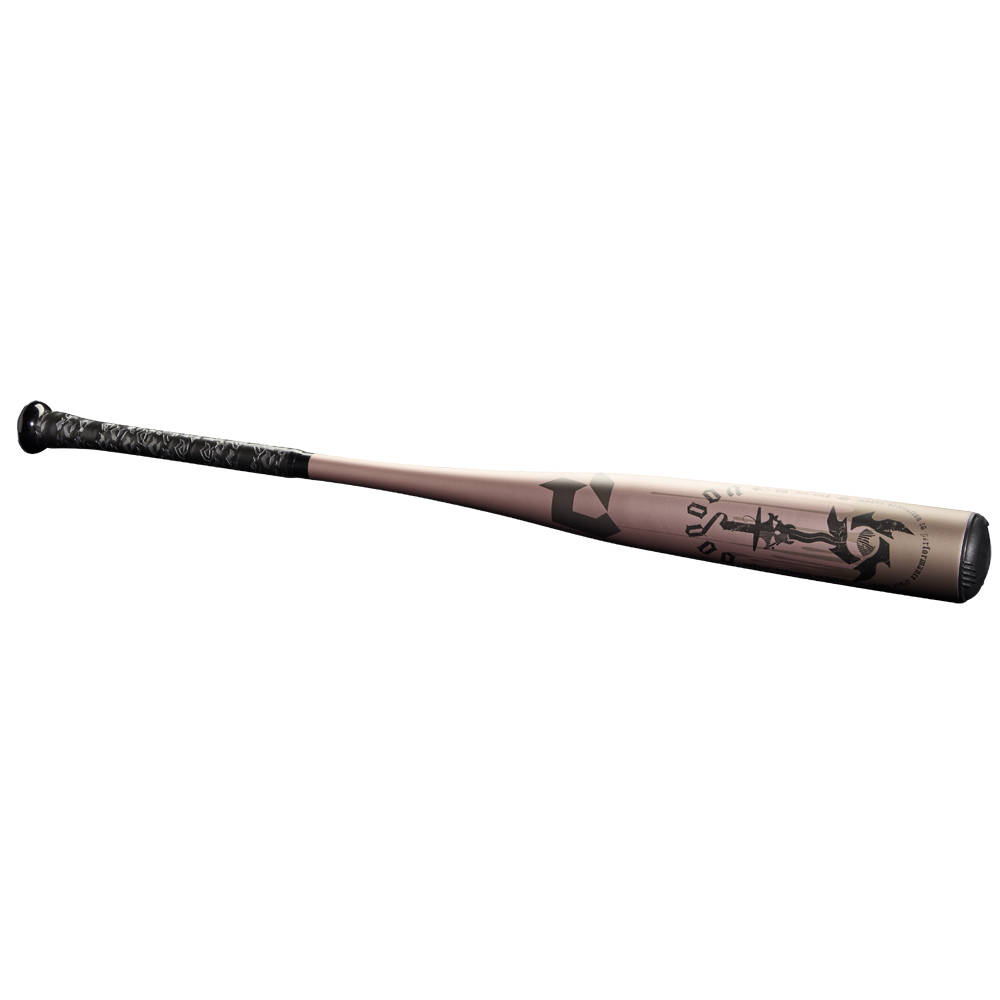 The 2025 DeMarini Voodoo One Rose Gold (-3) BBCOR Baseball Bat (WBD2628010) features a black grip and X14 Alloy Barrel with black artistic designs, displayed on a plain white background.