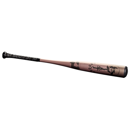 The 2025 DeMarini Voodoo One Rose Gold (-3) BBCOR Baseball Bat (WBD2628010) features a black grip and X14 Alloy Barrel with black artistic designs, displayed on a plain white background.