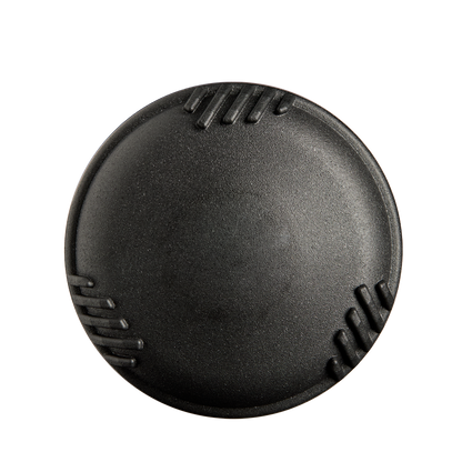 A round, black, textured object with three sets of parallel grooves around its edge, reminiscent of the 2025 DeMarini Voodoo One Rose Gold (-3) BBCOR Baseball Bat: WBD2628010 by DeMarini, photographed on a plain white background.