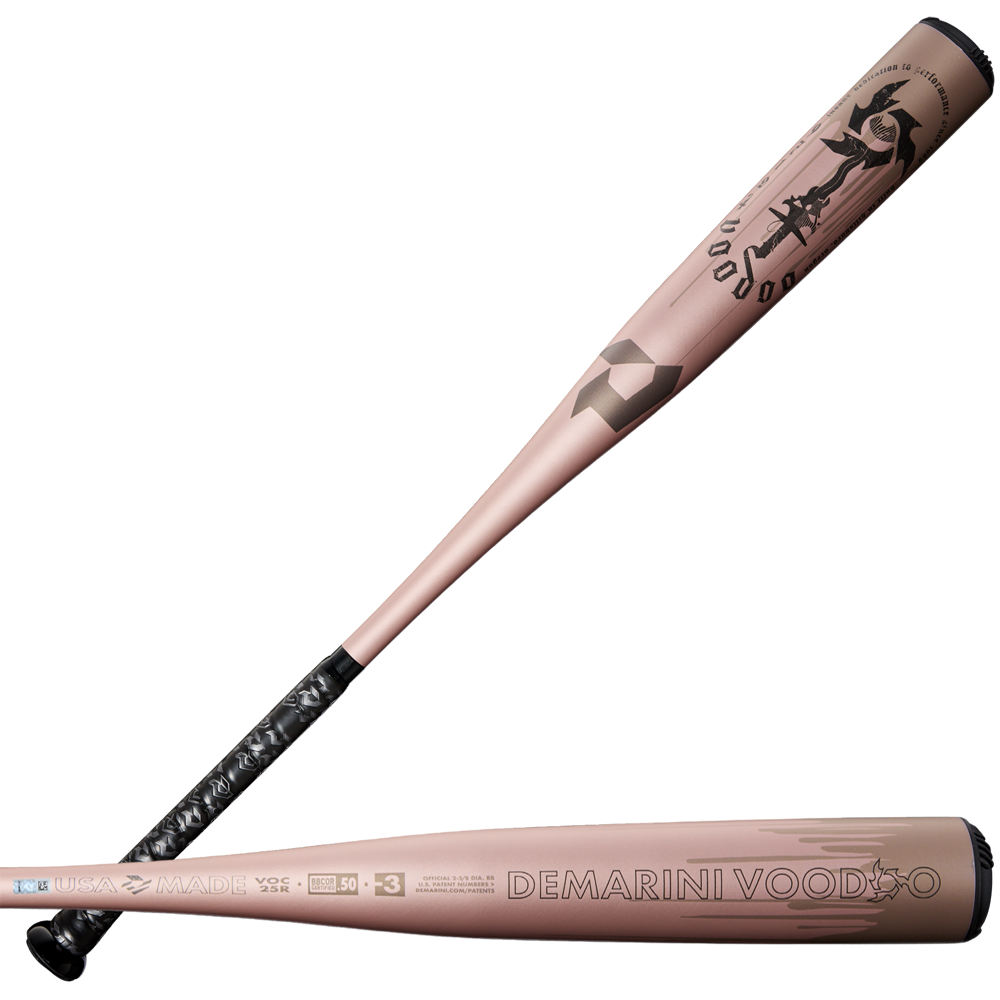 Two views of the 2025 DeMarini Voodoo One Rose Gold (-3) BBCOR Baseball Bat (WBD2628010), showcasing its metallic pink finish with black accents, patterned handle, X14 Alloy Barrel, stylized graphics, and DeMarini branding on the barrel.