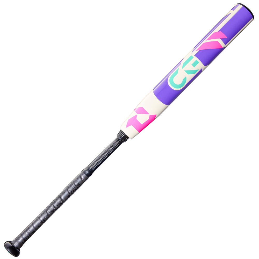 The 2026 DeMarini CF FE (-11) Fastpitch Softball Bat (WBD2630010) features a black grip, a purple and white barrel, and vibrant pink, green, and teal geometric designs on top, displayed against a plain white background.