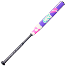 The 2026 DeMarini CF FE (-11) Fastpitch Softball Bat (WBD2630010) features a black grip, a purple and white barrel, and vibrant pink, green, and teal geometric designs on top, displayed against a plain white background.