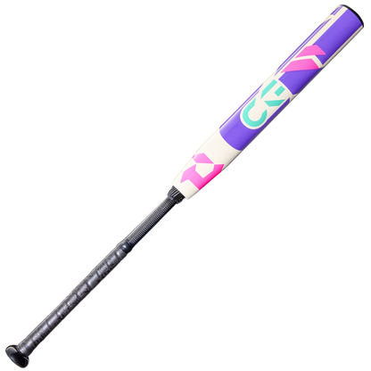 The 2026 DeMarini CF FE (-11) Fastpitch Softball Bat (WBD2630010) features a black grip, a purple and white barrel, and vibrant pink, green, and teal geometric designs on top, displayed against a plain white background.